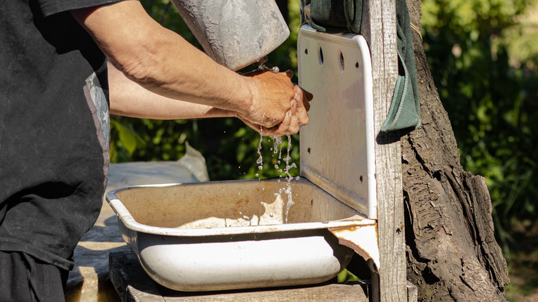 Washing garden tools and an outdoor sink