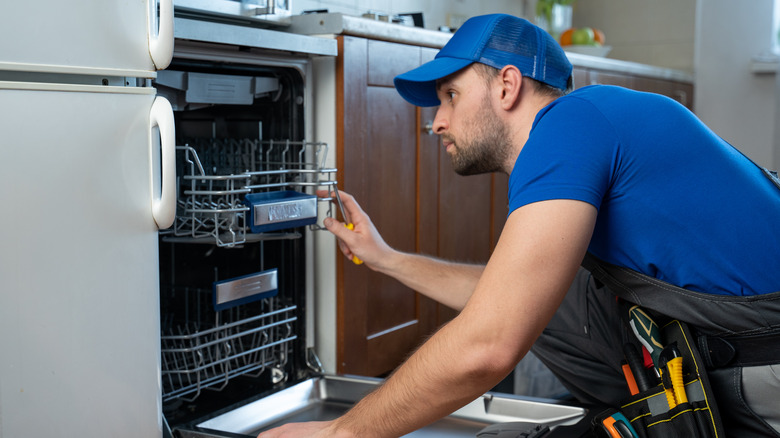 person installing a dishwasher