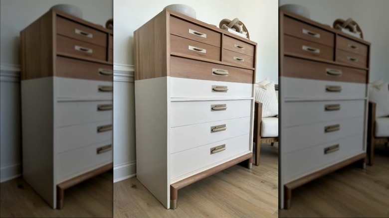 A finished dipped paint wood cabinet with white paint