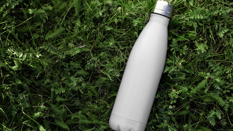 steel water bottle in grass