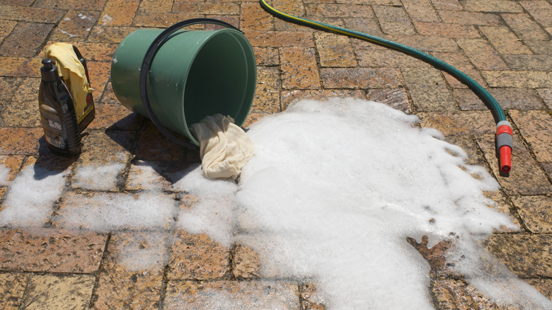 Bucket of soapy water and hose laying on brick pavers