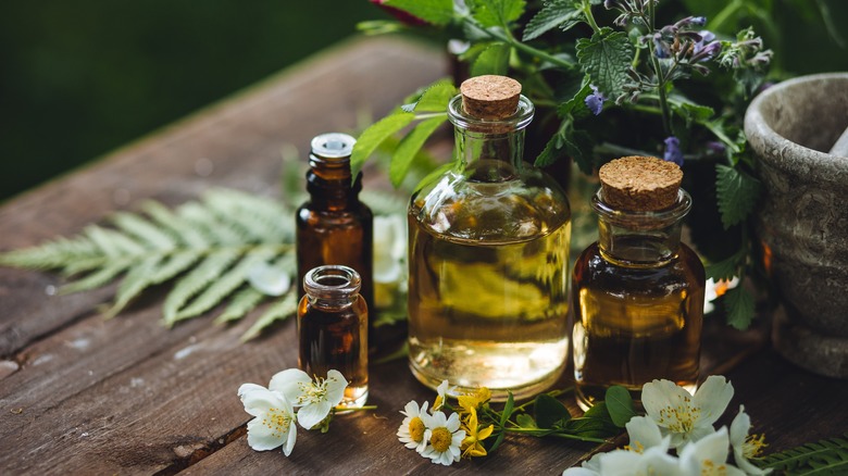 various essential oils on table