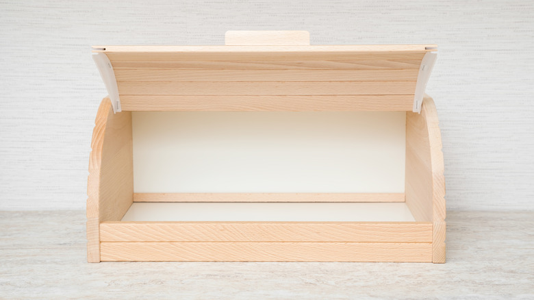 wooden breadbox on counter