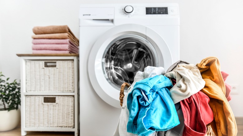 clothes in basket laundry room