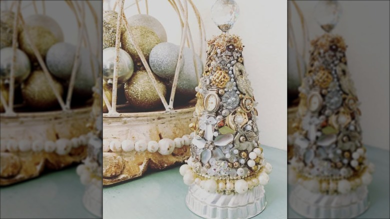 Vintage jewelry holiday tree on table