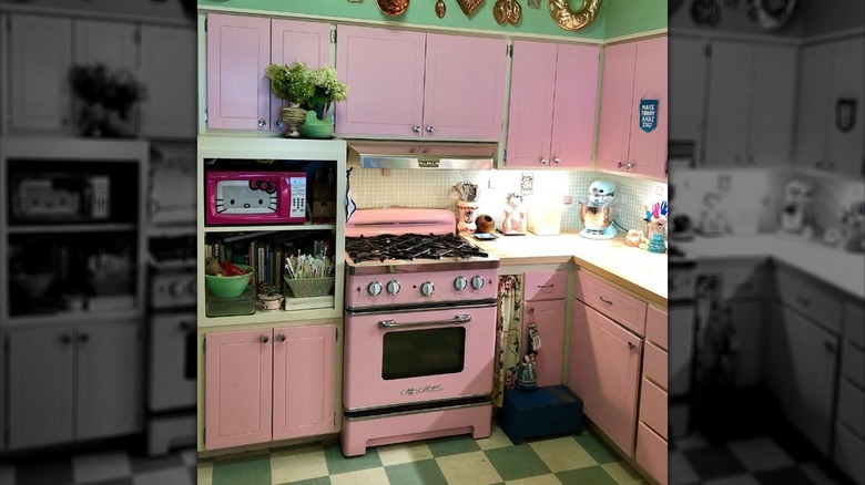 Vintage kitchen with pink oven