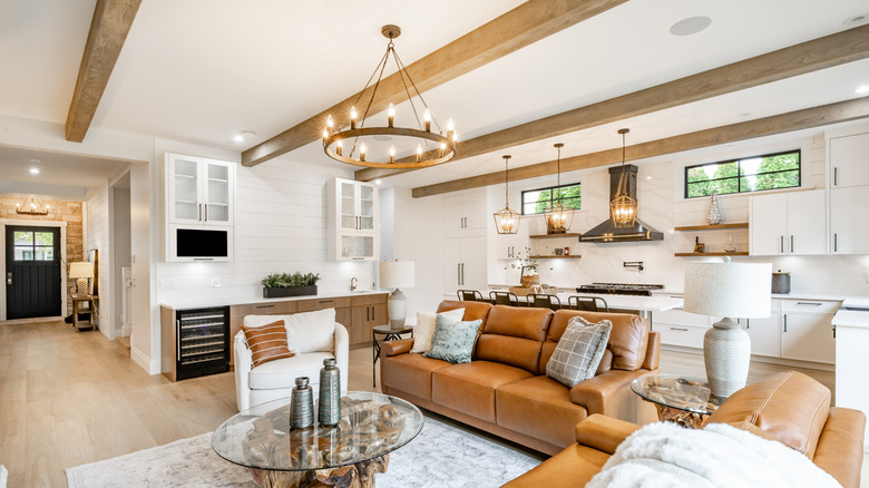 Open concept home with ceiling beams