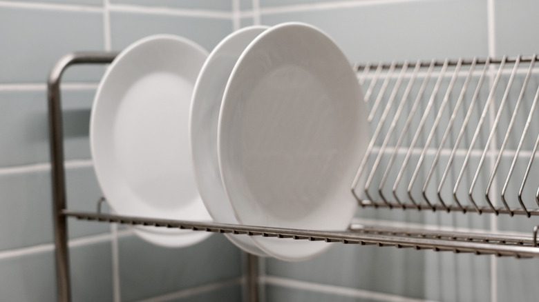 Metal dish rack with plates