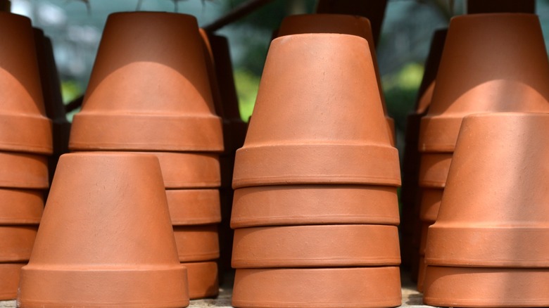 Upside down stacks of terracotta pots