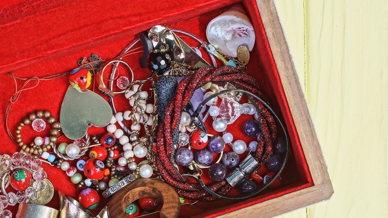 Costume jewelry in red velvet jewelry box