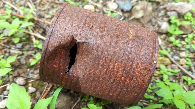 damaged rusty can in lawn