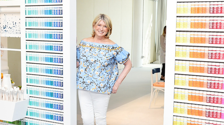 Martha Stewart smiling and surrounded by paint tester pots