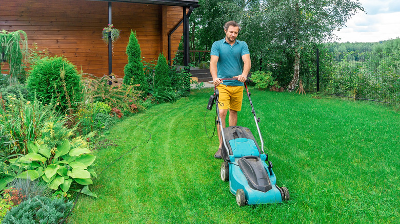 Man pushing a push mower