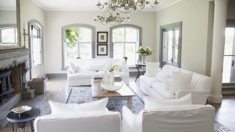 Bright living room with chandelier