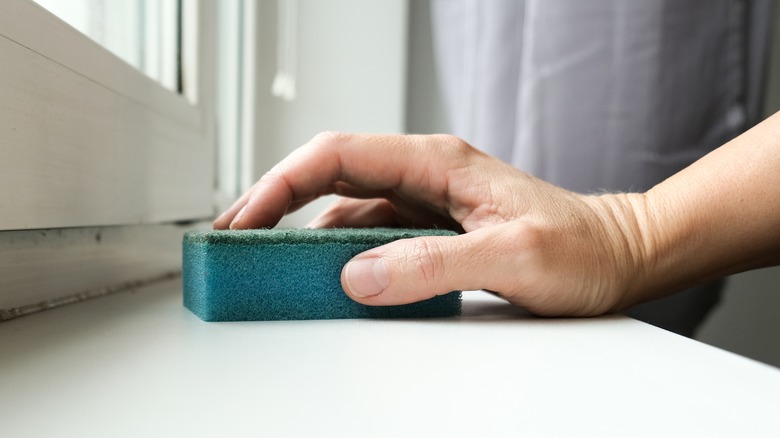 hand sponge on window sill