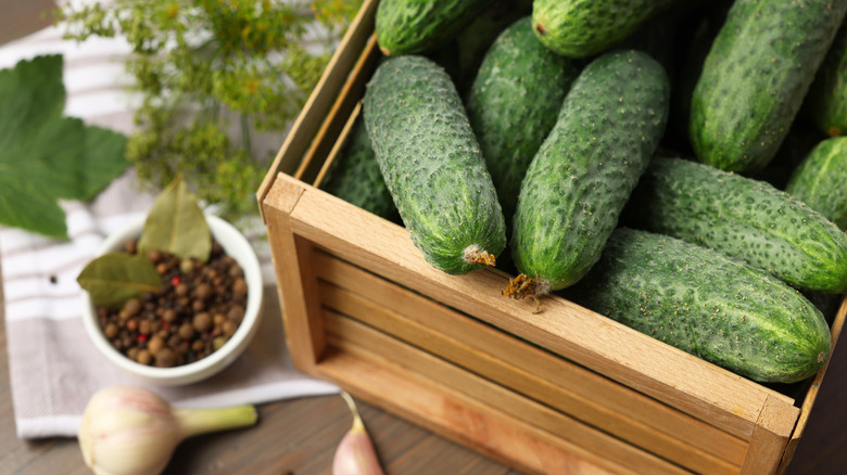 Wooden crate filled with cucumbers