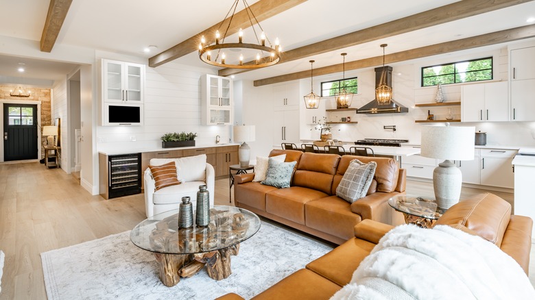 Leather sofa, exposed wood beams