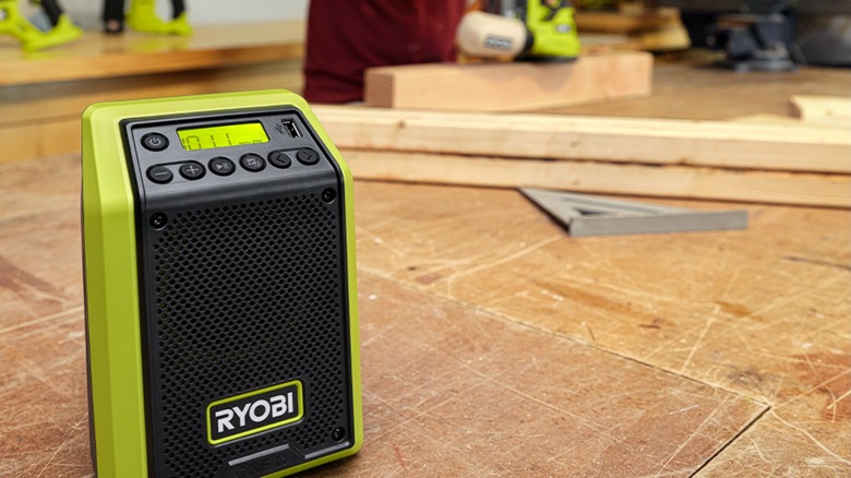 A Ryobi bluetooth radio at a worksite