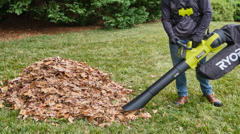 A person using a Ryobi leaf blower, vacuum, mulcher