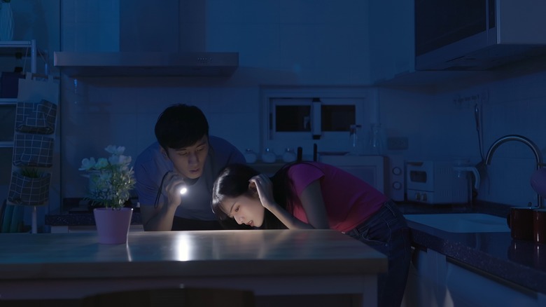 Couple using flashlight during outage