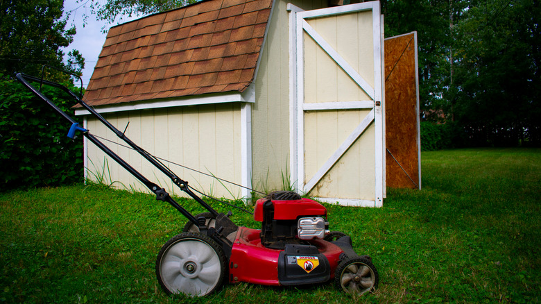 Mower and shed in spring