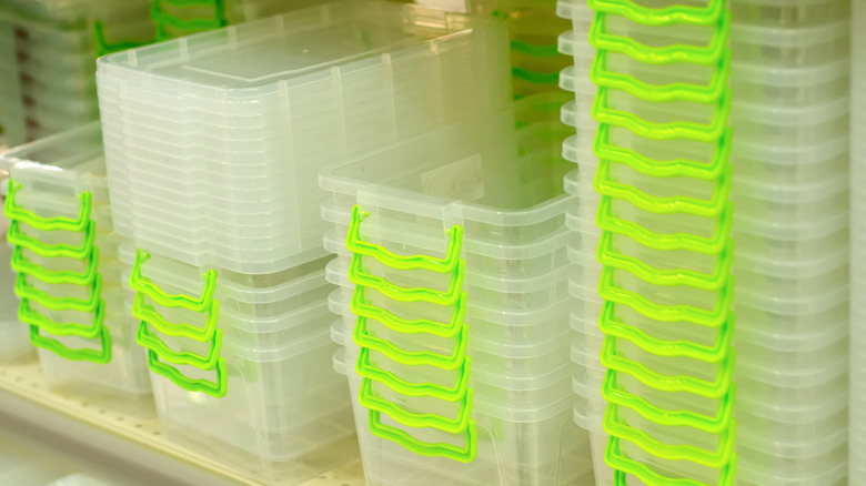 plastic bins on store shelves