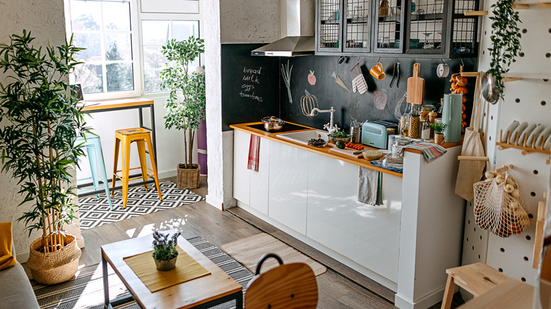 A small, sunny apartment with a tiny kitchen along one wall