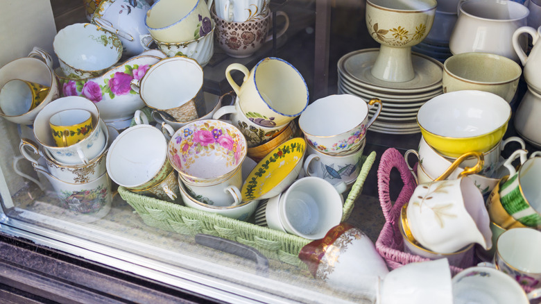 Vintage dishware in shop window