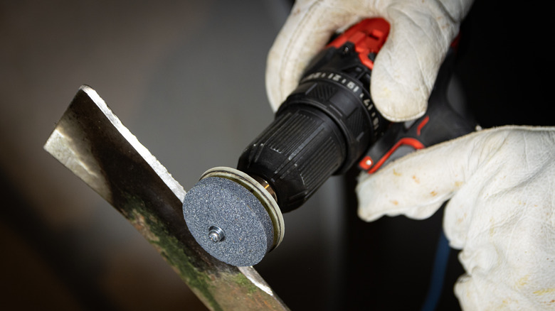 mower blade sharpening with drill