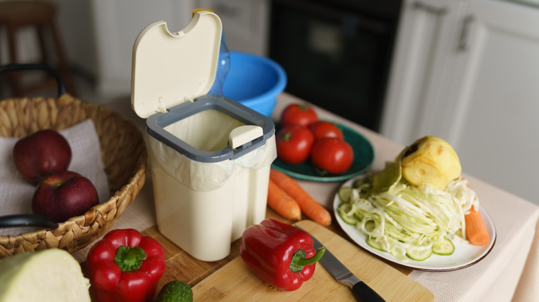 Small Bokashi composter on cutting board with produce