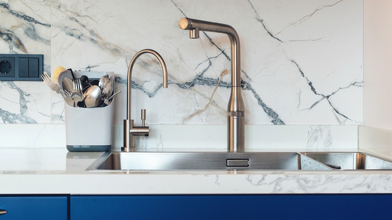 stainless steel sink with marble backsplash