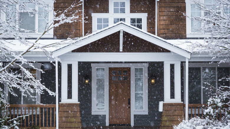 A house in winter has a snowy hard and is surrounded by snow-covered trees