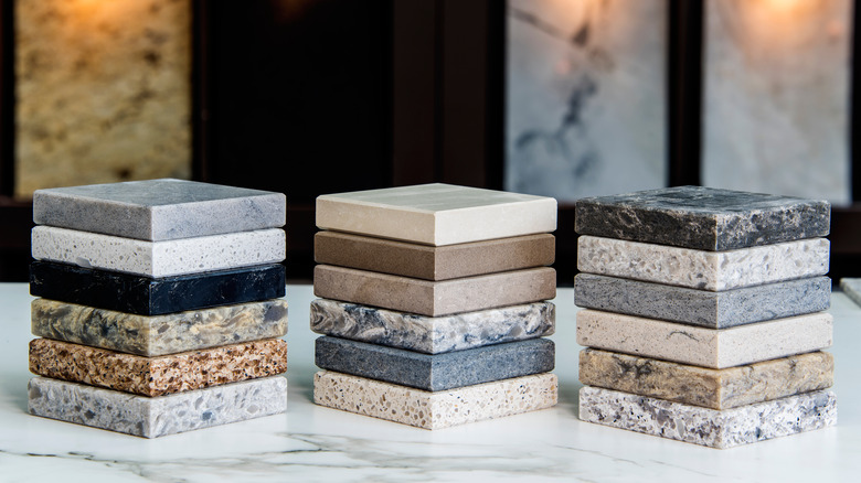 Three stacks of granite tiles