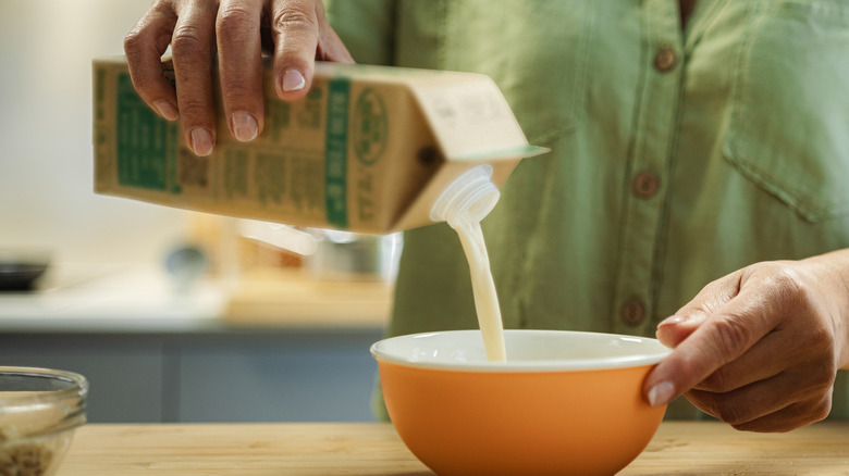 Woman pours bowl of milk