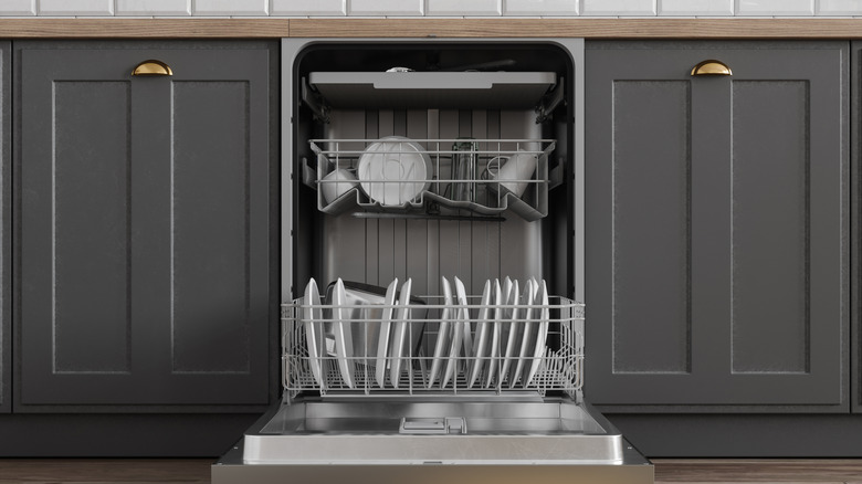 Open dishwasher and dishes between cabinets