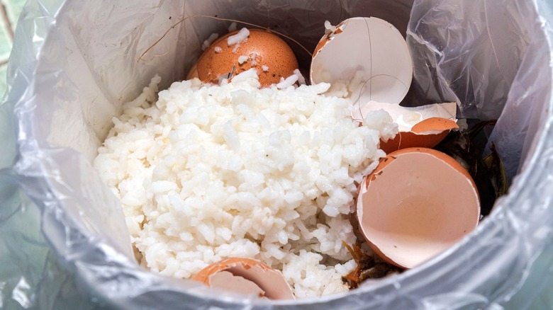 Rice and egg shells in compost bin