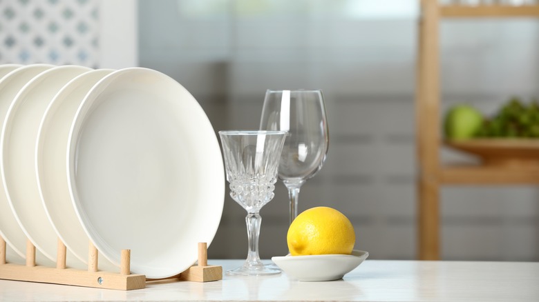 Clean dishes on drying rack