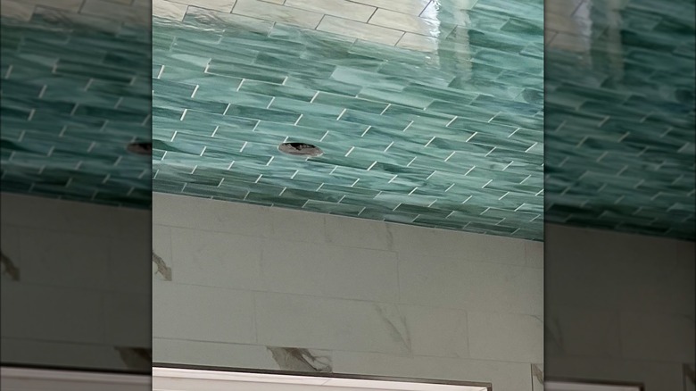 Blue tile on bathroom ceiling