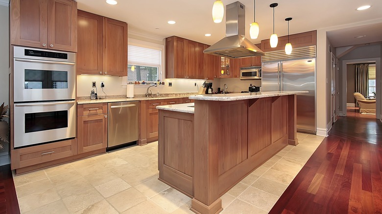 kitchen with tiered island