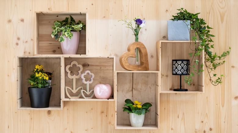 Shelf unit made out of small crates holding houseplants and decor