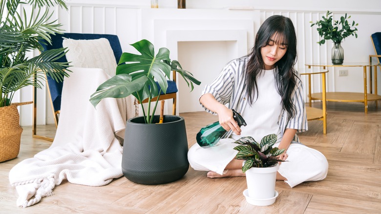 woman watering houseplants on floor