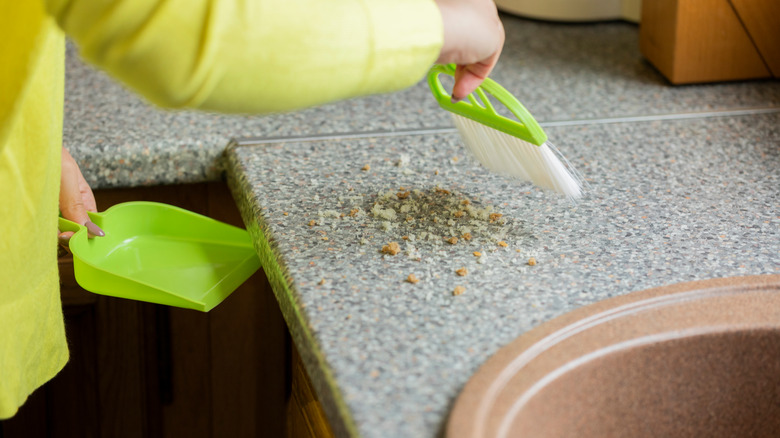 Woman cleaning crumbs on countertop