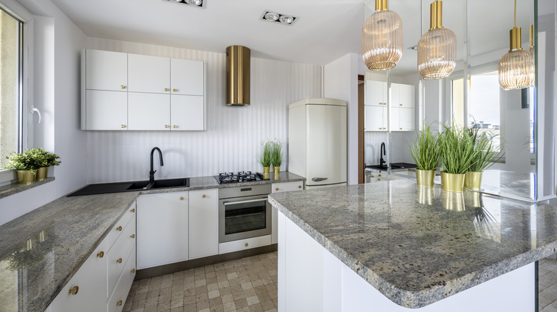 kitchen with shiny stone countertops