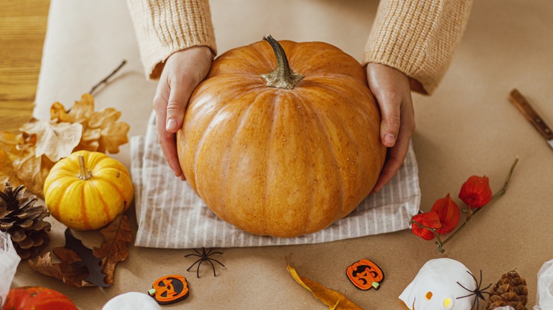 hands holding pumpkin on table