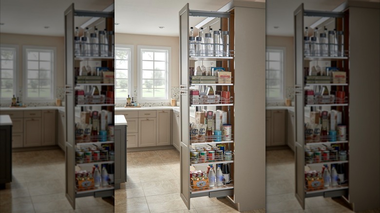 Tall Rev-A-Shelf Adjustable Pantry System open in kitchen