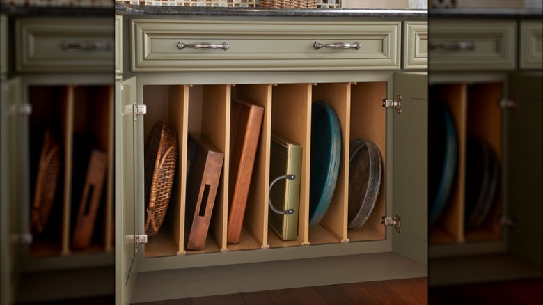 KraftMaid vertical cabinet tray divider installed in lower kitcheb cabinet