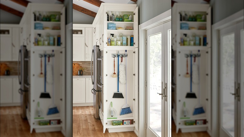 Tall and shallow cabinet with storage for brooms, mops, and cleaning supplies