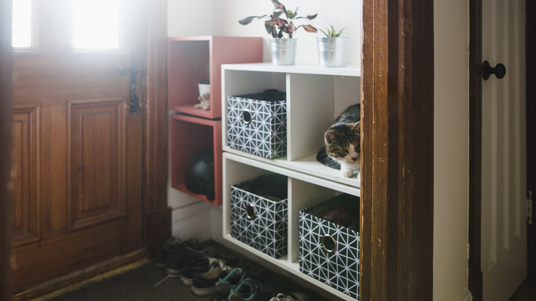 storage baskets in shelving unit