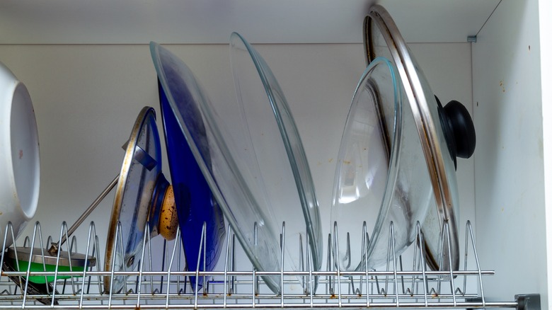 dish rack inside kitchen cabinet