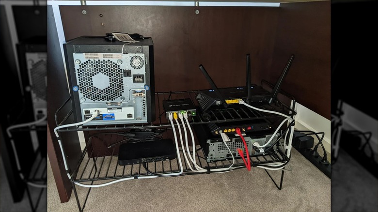 Computer equipment on metal rack